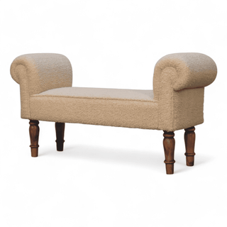 Angled left view of the beige upholstered bench showcasing its rolled arms and elegant wooden legs.