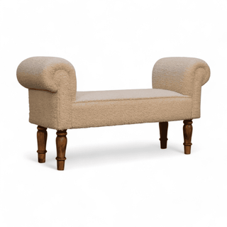 Angled Left view of the beige upholstered bench showcasing its rolled arms and elegant wooden legs.