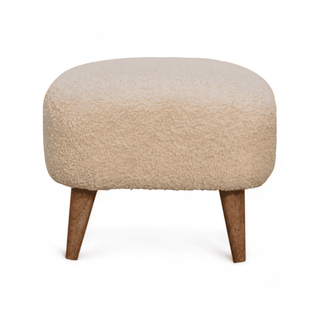 Front view of the Beige Upholstered Ottoman with wooden legs and a soft textured finish.