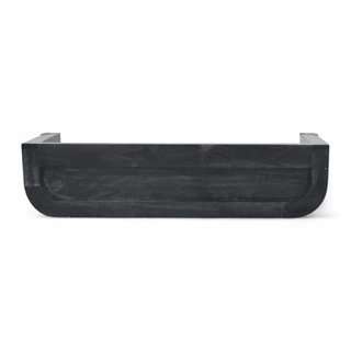 Back view of a black wooden floating shelf with smooth edges and a seamless design for wall mounting.