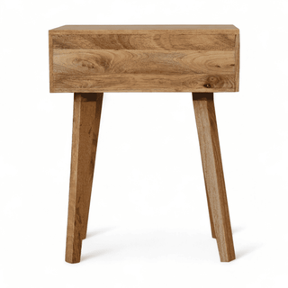 Back view of mango wood nightstand with tapered legs, highlighting its clean minimalist construction and natural wood texture