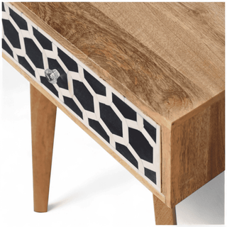 Close-up of honeycomb bone inlay drawer on mango wood nightstand, highlighting intricate detailing and high-quality craftsmanship