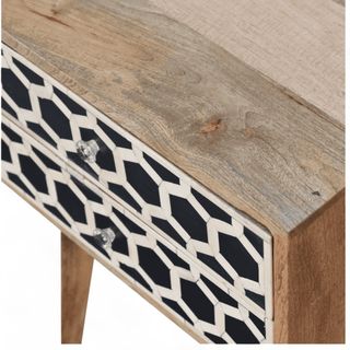 Top view of mid-century mango wood nightstand, highlighting smooth natural wood surface and subtle grain patterns