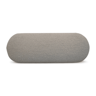 Top profile of the boucle cream bench, highlighting the oval-shaped seat with textured upholstery.
