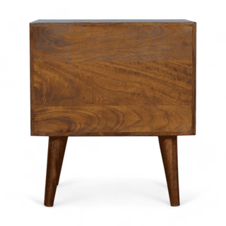 Rear view of mango wood nightstand with tapered legs, showcasing a minimalist design and solid mango wood back panel