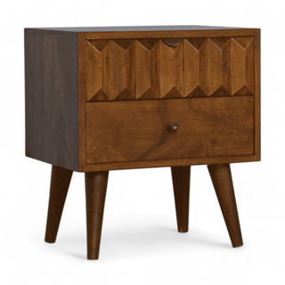 Side angled view of mid-century nightstand with a carved prism design on the top drawer, highlighting its minimalist and geometric aesthetics