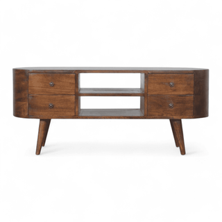 Front view of the Chestnut Round Media Unit showcasing its two drawers, open storage, and smooth chestnut finish.