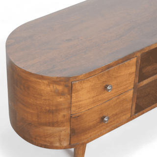 Top view of the Chestnut Round Media Unit revealing its polished chestnut wood surface.