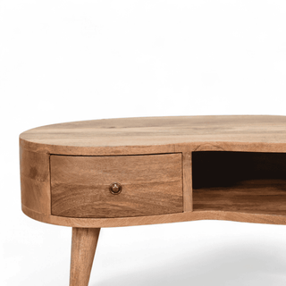 Close-up of the mid-century modern oval coffee table drawer, showing its elegant handle and natural wood texture.