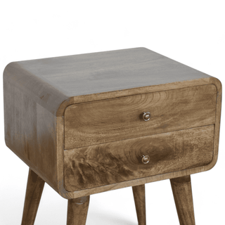 Close-up of the two drawers of a grey-washed nightstand showing smooth wooden handles.