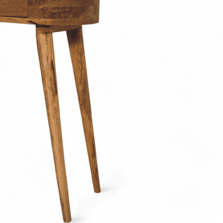 Profile view of the console table’s slim tapered legs, emphasizing its sturdy build and natural wood texture.
