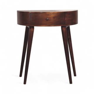 Straight front view of a dark wooden oval console table featuring a single drawer and tapered legs, highlighting its sleek and minimalist design.