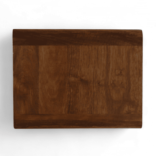 Top-down view of floating nightstand, emphasizing its solid mango wood construction and rich chestnut finish