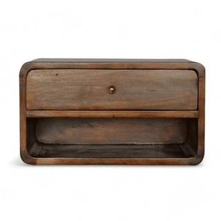 Front view of floating wall-mounted nightstand with a single drawer and open shelf in solid mango wood, showcasing a chestnut finish