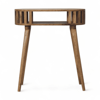 Straight front view of a mid-century modern console table featuring a slatted framework and a minimalist design.