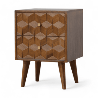 Angled front view of mid-century geometric wood nightstand, showcasing intricate hand-carved cube patterns and Nordic-inspired legs