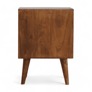 Rear view of mid-century geometric wood nightstand with clean lines, solid mango wood construction, and tapered Nordic-style legs