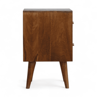 Side view of mid-century nightstand in chestnut finish, featuring minimalist design and hand-carved geometric accents