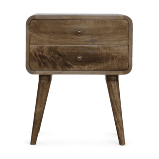 Front view of a grey-washed mid-century modern nightstand featuring two drawers and rounded edges.