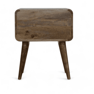 Back view of a grey-washed nightstand with visible Scandinavian-style legs.