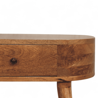 Close-up side view of the console table’s drawer and edge, highlighting the natural wood grain and smooth craftsmanship.