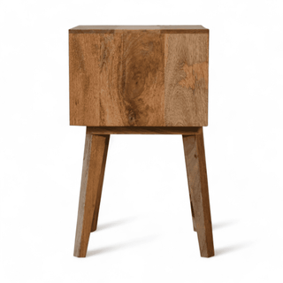 Side View of mid-century modern nightstand with honeycomb bone inlay on drawers and solid mango wood construction