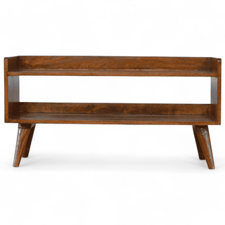 Front view of the Mango Wood Shelf Bench showcasing its open design and Nordic-style legs.