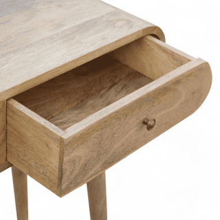 Close-up of the wooden console table with a drawer open, showing the spacious interior and minimalist design.