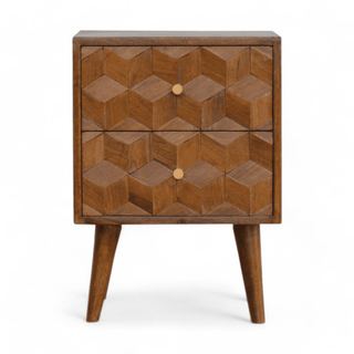 Front view of mid-century geometric wood nightstand with two drawers featuring hand-carved cube patterns, tapered legs, and chestnut finish