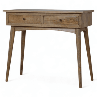 Left-angled view of a mid-century console table featuring two drawers, a natural wood finish, and slender legs for an elegant look.