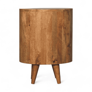 Back view of the mid-century modern nightstand, showing its rounded half-moon design and solid mango wood construction.