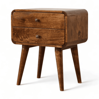 Side angle of the mid-century modern nightstand showcasing its smooth chestnut finish and sturdy tapered legs.