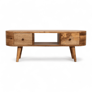 Front view of the Mini Rounded Entertainment Unit showcasing its two drawers and open slot design with a mango wood finish.