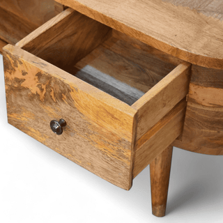 Open drawer of the Mini Rounded Entertainment Unit revealing spacious interior storage.