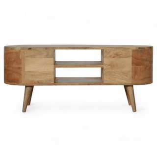 Full back view of the Oak-ish Circular Media Unit emphasizing its curved design and flawless finish.