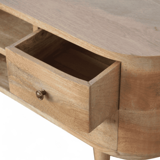 Open drawer of the Oak-ish Circular Media Unit showcasing its spacious interior and polished brass knobs.