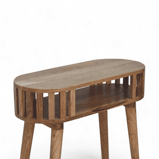 Rear angled view of the console table, displaying the slatted details and light mango wood finish.