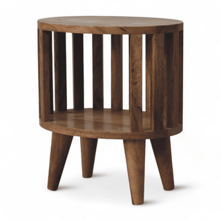 Natural mango wood round nightstand with open slatted sides, side perspective highlighting minimalist craftsmanship