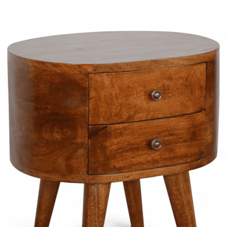 Side view of mid-century mango wood nightstand with round edges, showcasing its clean lines and warm chestnut finish