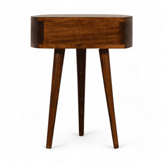 Rear view of the mid-century modern side table, highlighting the smooth mango wood back and tapered leg design.