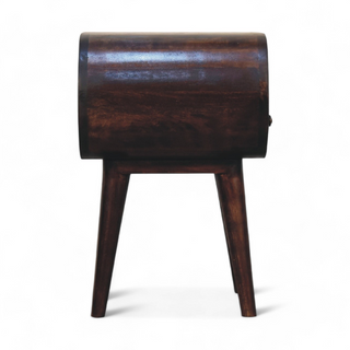 Side view of the dark wood nightstand highlighting its oval design and minimalist features.