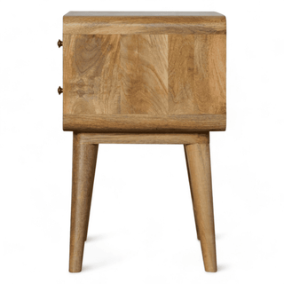 Side perspective of the light oak nightstand, showing sturdy Nordic-style legs and natural wood grain finish.