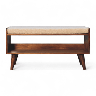 Front view of the modern upholstered bench with a sleek wooden frame and cushioned seat.