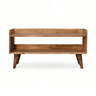 A rectangular wooden TV stand with open shelf design, featuring angled legs and natural wood finish in a minimalist mid-century modern style